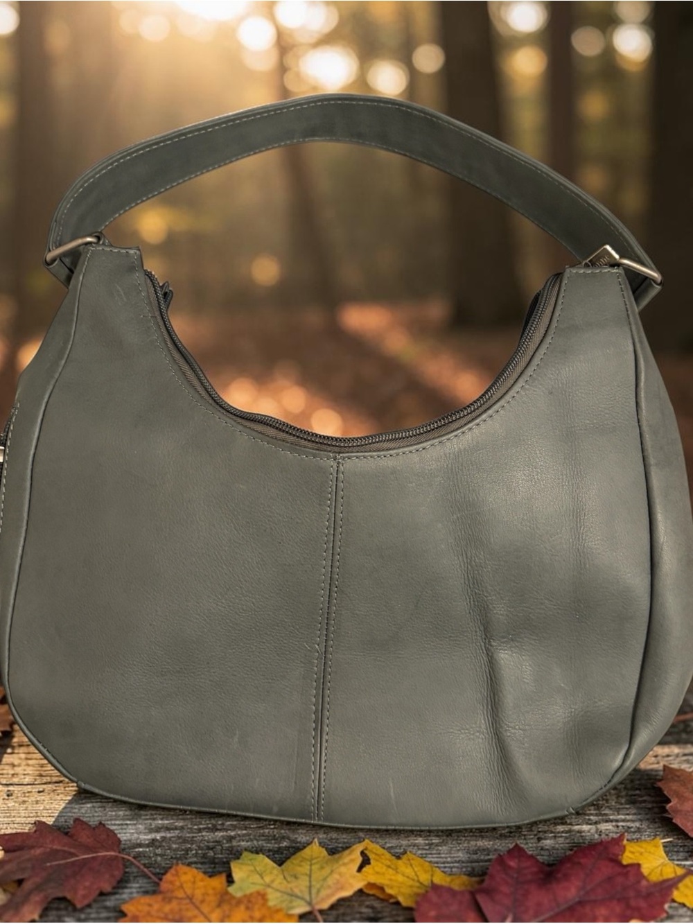 Le Donne Gray Full Grain Leather Classic Hobo Shoulder Bag Minimalist 90s